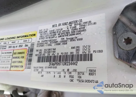 2013 Ford Fusion Se z USA, uszkodzony, nr VIN 3FA6P0H71DR234442